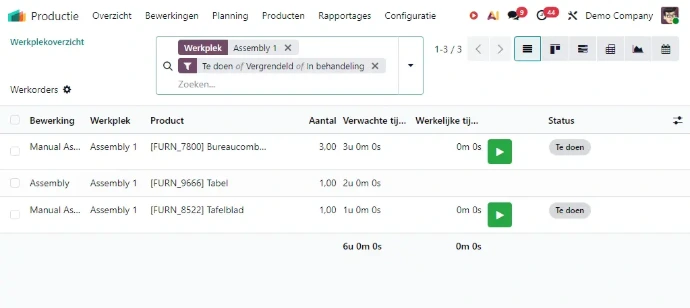 Werkorder met stuklijst in Odoo productie