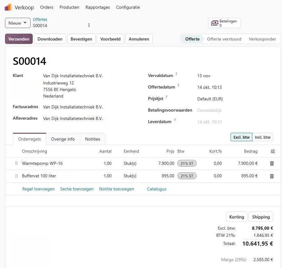 Offerte in Odoo 20 met de knop Excl. btw of Incl. btw en de marge onder het totaal