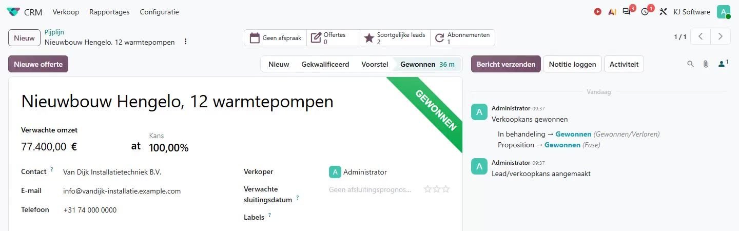 Gewonnen verkoopkans in Odoo 20 CRM, klaar om er een project van te maken
